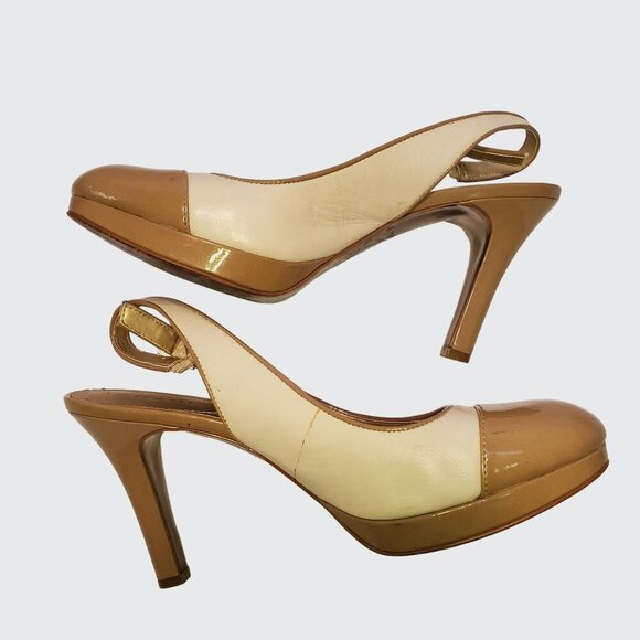 Tahari "London" Two Tone Tan Cream Patent Leather Slingback Women's Size 8.5M - Picture 6 of 15